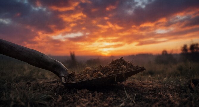 shovelful of rich soil against a vibrant sunset in a field.