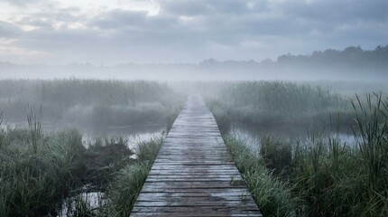 Obraz premium Photograph of a wooden walkway through a wetland park, in muted grey and green colors, representing a mysterious foggy morning nature trail