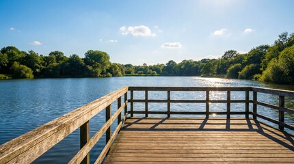 Obraz premium Photograph of a wooden lake viewing platform, in bright blue and natural green colors, representing peaceful outdoor recreation with copy space