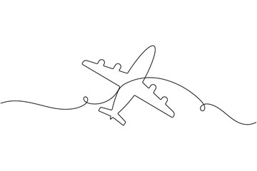 Plane sign icon continuous one line drawing single art on white background minimalist aircraft flight symbol outline vector illustration