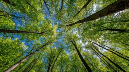 Fototapeta premium Lush Green Canopy Reaching Towards a Clear Blue Sky, Inspiring Serenity and Growth, Perfect for Nature Imagery