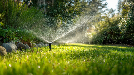 Naklejka premium A garden sprinkler sprays water over green grass in sunlight, lawn irrigation, summer gardening, watering system, fresh nature.