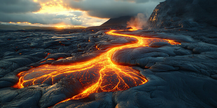 Lava Flows Through Dark Volcanic Plains