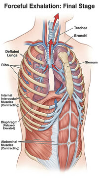 Human Respiratory System Diagram Showing Forceful Exhalation Mechanics with Labeled Anatomy of Lungs, Ribs, and Muscles for Medical Education
