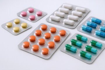 Assortment of Colorful Pills in Blister Packs: Pharmaceutical Products for Healthcare and Wellness