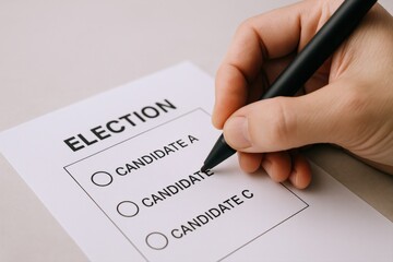Obraz premium Close-up of Hand Marking Ballot Paper for Candidates in an Election, Showing Democracy in Action