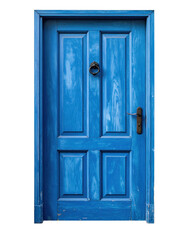 Weathered Blue Wooden Door with Decorative Knob on Isolated Background