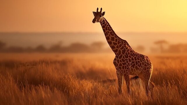 Giraffe at Golden Sunset in African Savanna