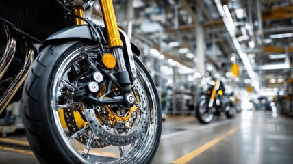 Fototapeta premium Motorcycle Assembly Line: Close-up of Front Wheel and Brake Discs in Manufacturing Plant