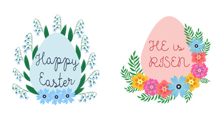 Fototapeta premium A set of Easter cards with an egg, bunny and flowers. The inscriptions read He is risen, Happy Easter 