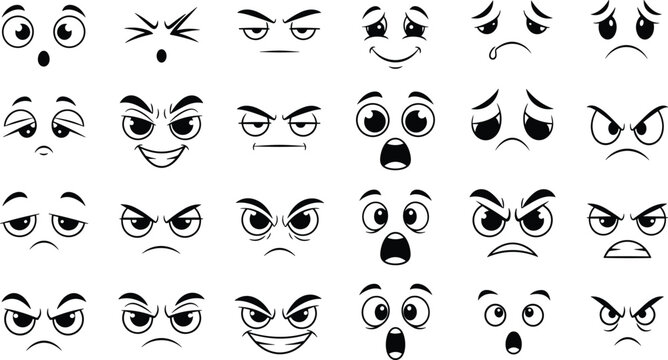 Comprehensive Cartoon Facial Expression Set Featuring Diverse Eyes and Mouths Representing Shock Anger Sadness and Joy for Character Design and Avatars