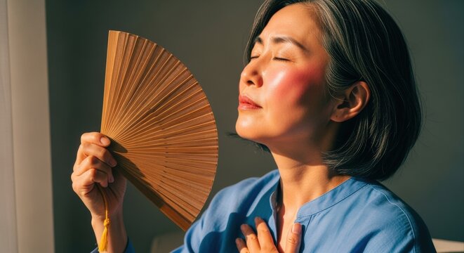 Mature Asian Woman Experiencing Hot Flash, Cooling Herself with a Hand Fan in Warm Sunlight