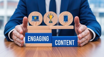Engaging Content Strategy: Business Professional Showcasing Digital Marketing Elements with Laptop, Trophy and Mobile on Wooden Blocks