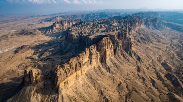 Aerial drone view of Balochistan province in Pakistan, vast arid mountains near the Makran region, dramatic cliffs and desert plains
