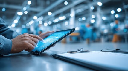 Fototapeta premium Engineer using tablet in manufacturing facility for quality control and process automation monitoring with clipboard