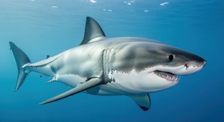 Obraz premium Great White Shark Swimming Underwater with Open Mouth, Showing Teeth in Clear Blue Ocean