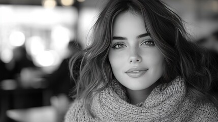 Obraz premium Cinematic black and white portrait of a beautiful young woman with warm and natural smile in a city cafe.