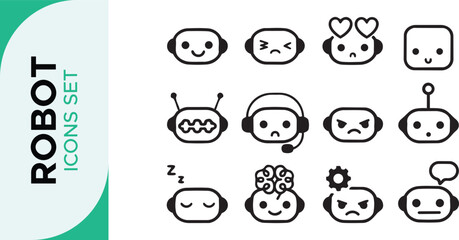 Robot Icon Set,  Robotics Line Art Icon Set &ndash; AI, Automation, and Futuristic Technology Outline Symbols Bot AI icon set robot assistant virtual smart character bubble logo 