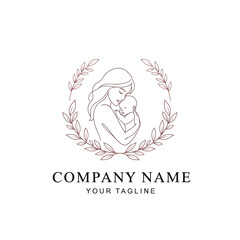 Fototapeta premium Mother holding baby in a laurel wreath logo design template.