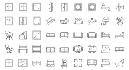 line icons of furniture and household objects in rooms