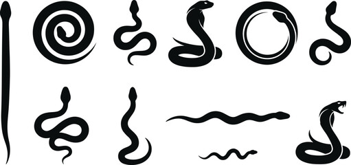 Black snake silhouette set, cobra icons, serpent vectors, rattlesnake shapes, viper graphics, wildlife illustrations, minimalist nature silhouettes, predator outlines, coiled snake designs, isolated