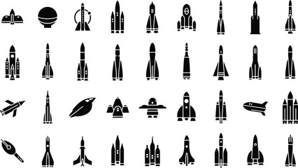 Collection of modern rocket and spacecraft icons in black © Mofajjol