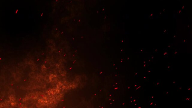 Realistic fire spark overlay rising up movement cinematic motion 4k stock embers particles burning glowing ideal for adding atmospheric effects to videos.