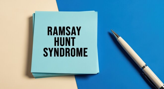 Medical Concept: Stack of Notes Displaying Ramsay Hunt Syndrome on a Blue and Beige Background