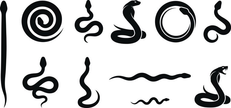 Black snake silhouette set, cobra icons, serpent vectors, rattlesnake shapes, viper graphics, wildlife illustrations, minimalist nature silhouettes, predator outlines, coiled snake designs, isolated