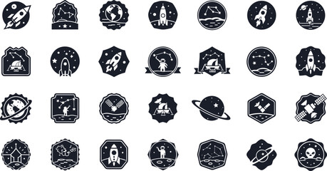 Set of modern space icons with rockets and planets