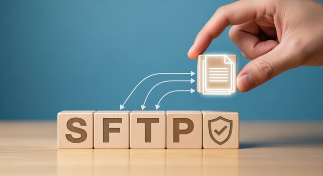 Secure File Transfer Protocol Concept: Hand Placing File Icon on SFTP Wooden Blocks for Data Security