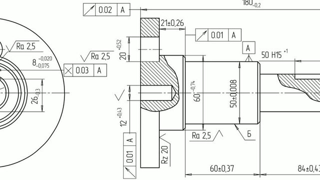 Video animation with assembly engineering drawing of shaft of steel mechanical part with dimension lines. 
Animated motion effect. Technical computer
cad scheme on paper sheet. Technology background.