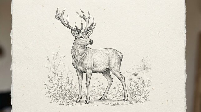 Detailed Pencil Drawing of a Majestic Stag in a Natural Habitat Illustration