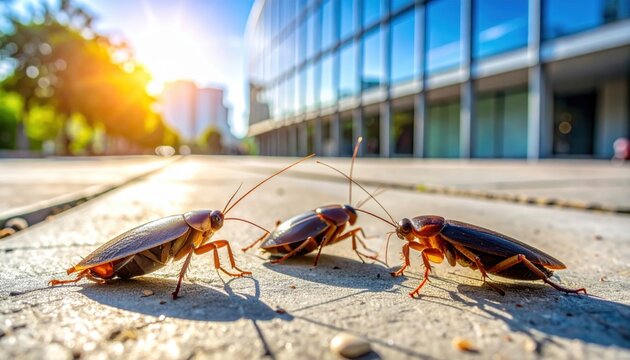Group of Cockroaches Scurrying on Urban Pavement Under Bright Sunlight in City Environment