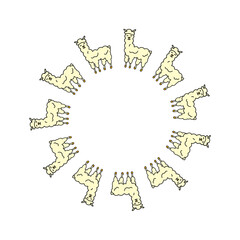 Fototapeta premium Cute round frame with doodle lamas isolated on white background.