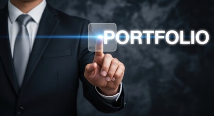 Man in suit pressing button with portfolio text, business strategy, success and investment concept