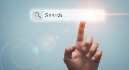 Fototapeta premium Online Search Concept: Finger Tapping on Search Bar for Web Browsing with Flare and Blue Background