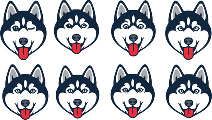 Eight husky heads with tongues out © Universal Icons Lab