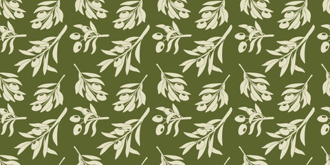 Fototapeta premium Seamless repeating pattern of olive branches with olives and leaves in light silhouette style on dark green background.