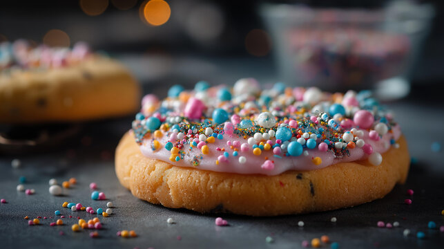 Decorated sugar cookie with colorful icing and festive sprinkles, defocused background, holiday baking concept, cookie decoration photography, celebration sweet treat, with copy