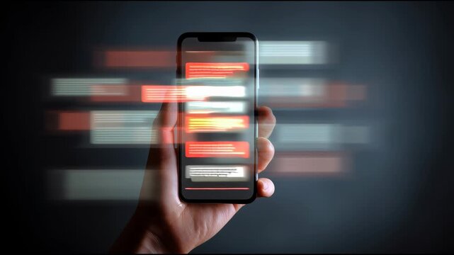 Hand Holding Phone Showing Blurred Social Media Content in a Dim Room Late at Night While Browsing Feeds and Updates