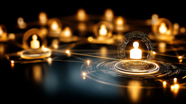 Network of glowing user profile icons arranged in a digital grid space, social media community concept, human resources visualization, virtual customer database design, with copy