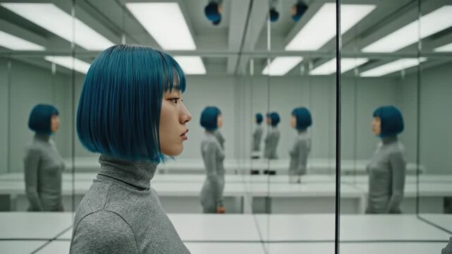 Asian woman with blue bob hairstyle gazes into mirrors in modern minimalist room
