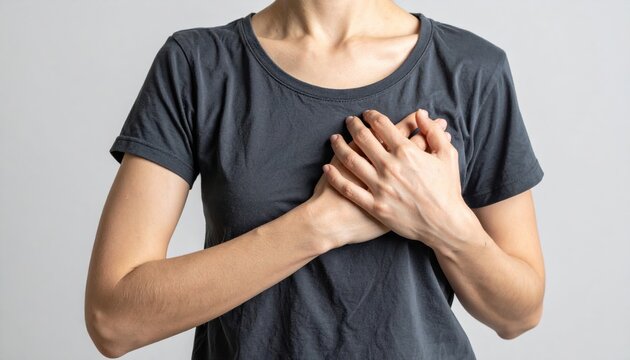 Woman Clutching Chest with Hands Expressing Emotion Against a Gray Background