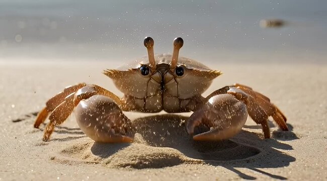Crab on the beach with sand, eyes and claws in the water