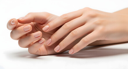 Fototapeta premium Young woman held out hand on white background, closeup