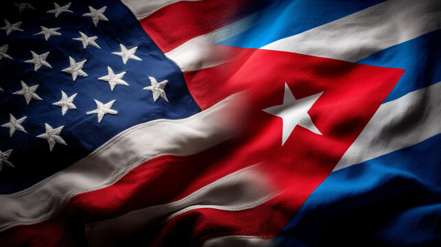 us flag and cuban flag waving together on dark background