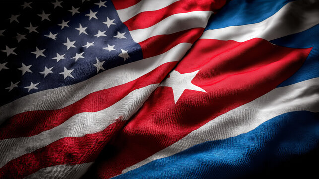 us flag and cuban flag waving together on dark background