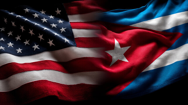 us flag and cuban flag waving together. relations between usa and cuba