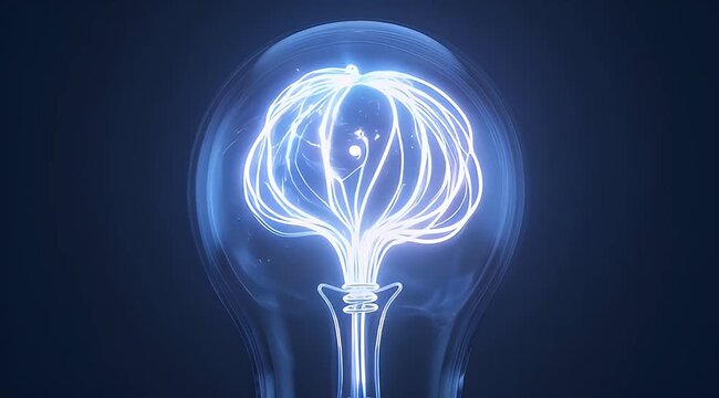 Glowing light bulb with intricate filament design on dark blue background